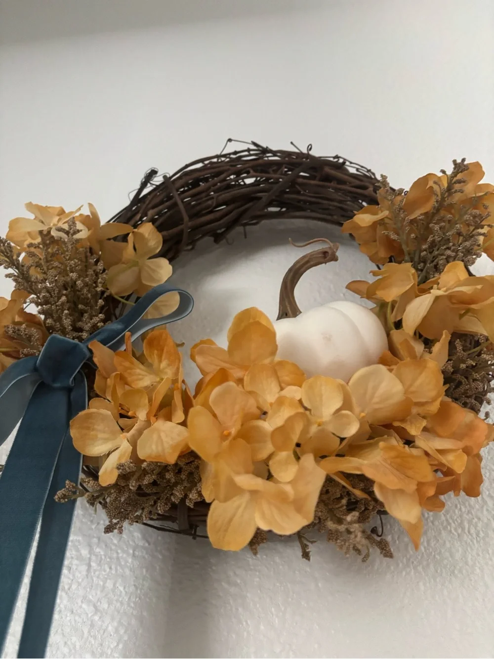 Autumn Hydrangea Grapevine Wreath Velvet Bow White Pumpkin Custom Final Sale